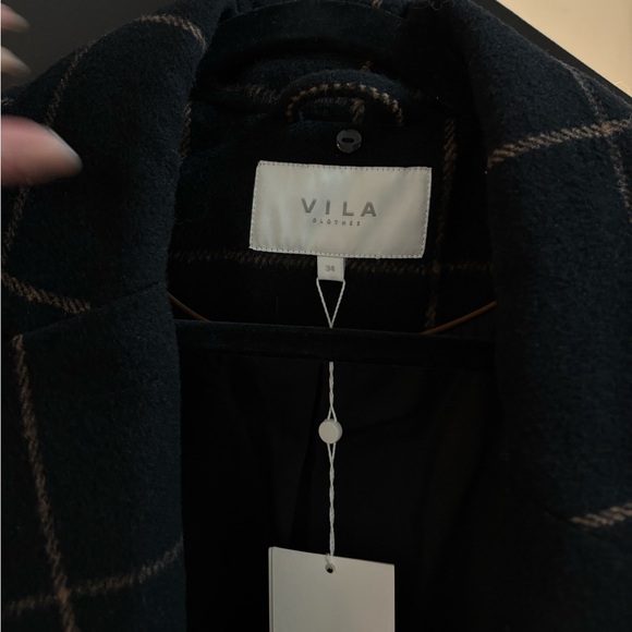 VILA Black Checkered Trench Coat black and tan 34 - Picture 4 of 5
